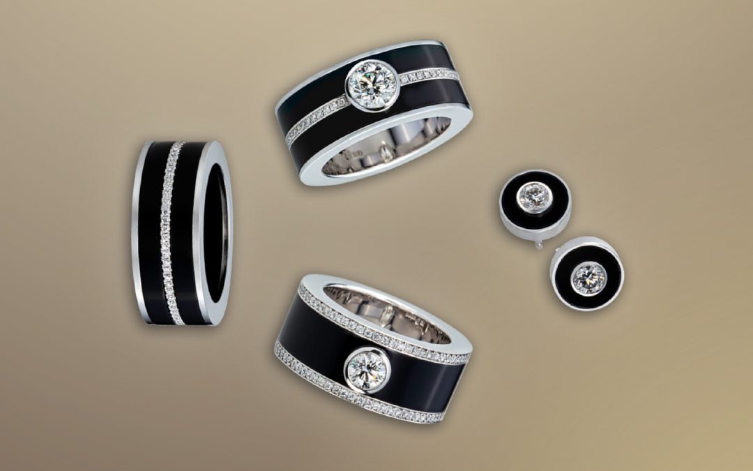 Drei verschiedene Ringe und Ohrstecker der Hofacker Collection BHS mit schwarzem Onyx und Brillanten